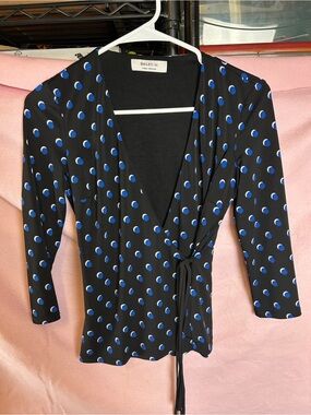 Bailey 44 Black Wrap Top with Royal Blue Polka Dots